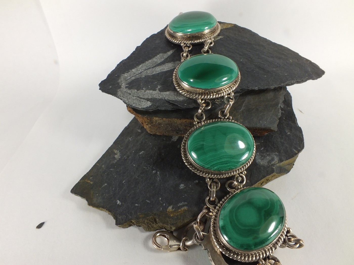 Natural Malachite Gemstone Crystal Bracelet (EA5490) 925 silver bezel cabochon