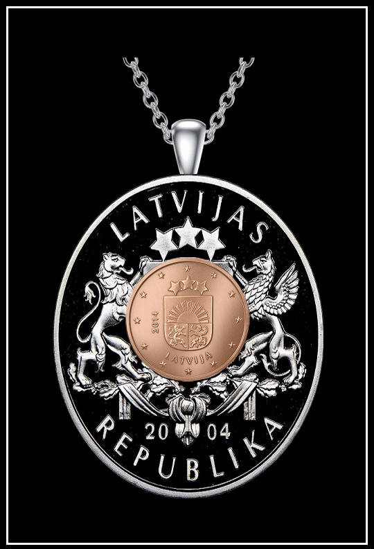 LATVIA COAT OF ARMS Necklace – 1 1/2″ Hollow Silver Steel – Copper Euro Cent
