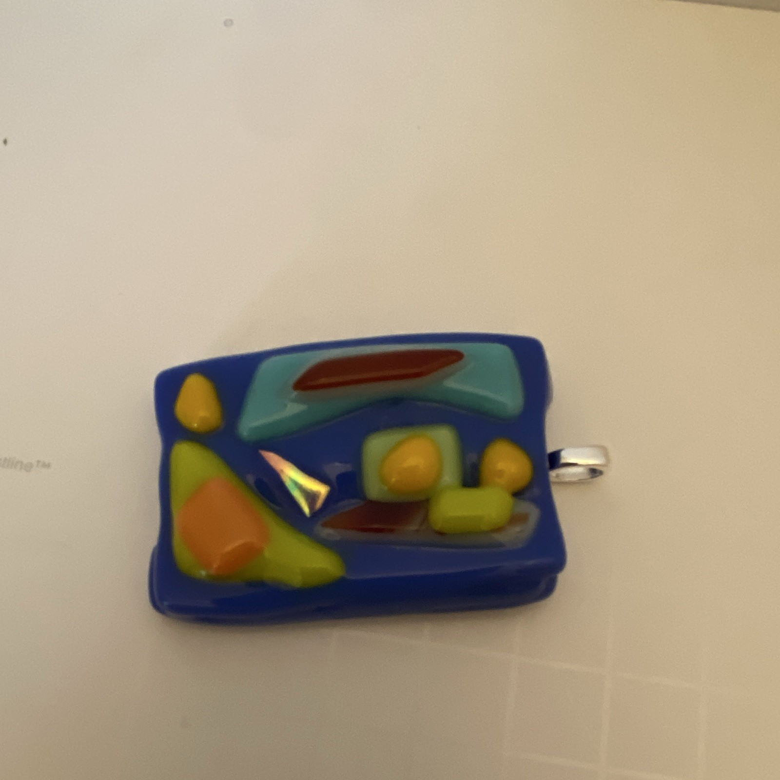 Fused Glass Silver Tone Bail Rectangle Multicolor Glass Charm Pendant Art Design