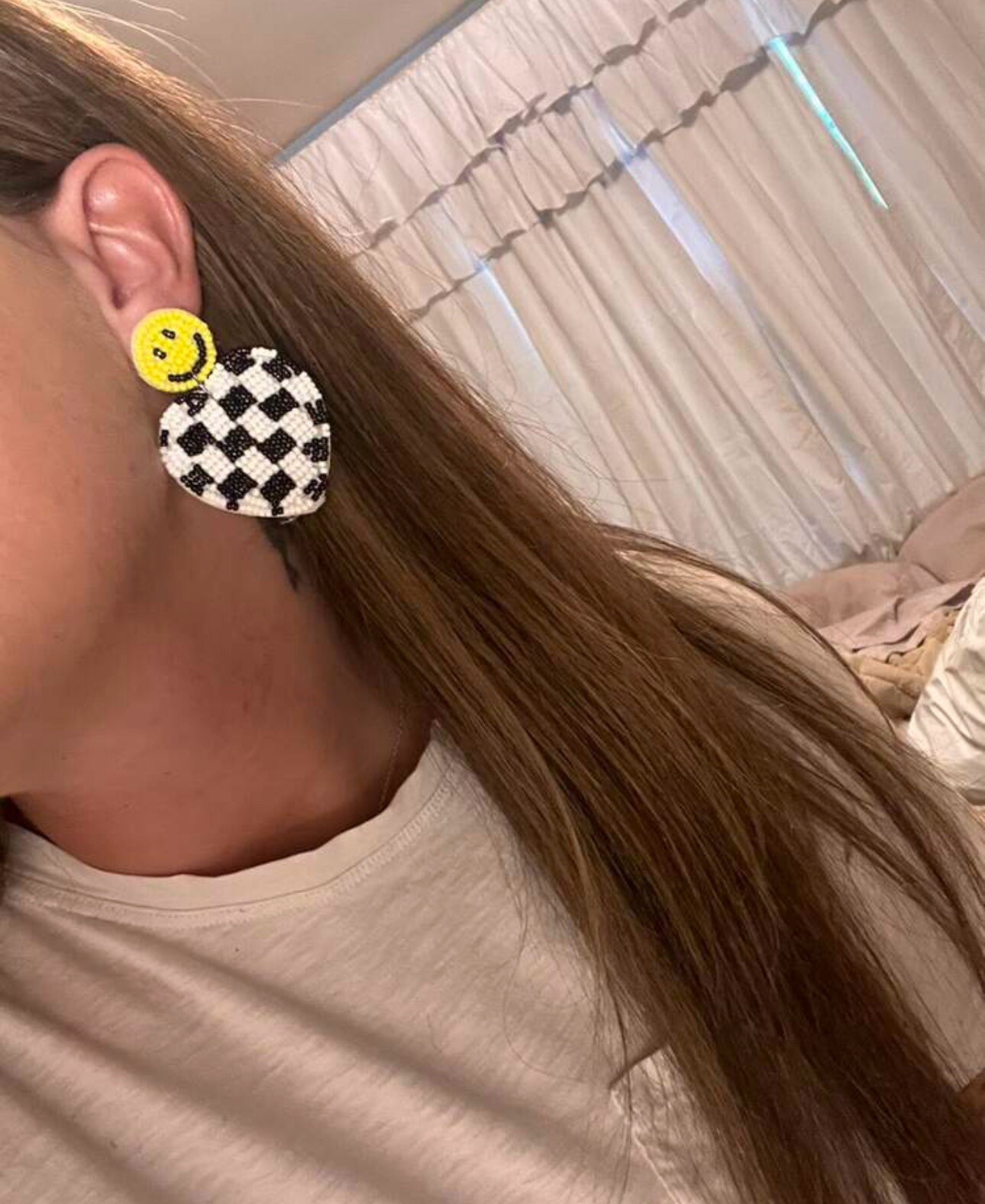 Smiley Face Checkered Heart Beaded Earrings Black White Skater Jewelry Gift NEW