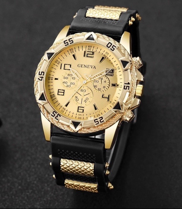 Geneva Men’s Quartz Analog Chronograph Watch Black Silicone Band Black/Gold Dial