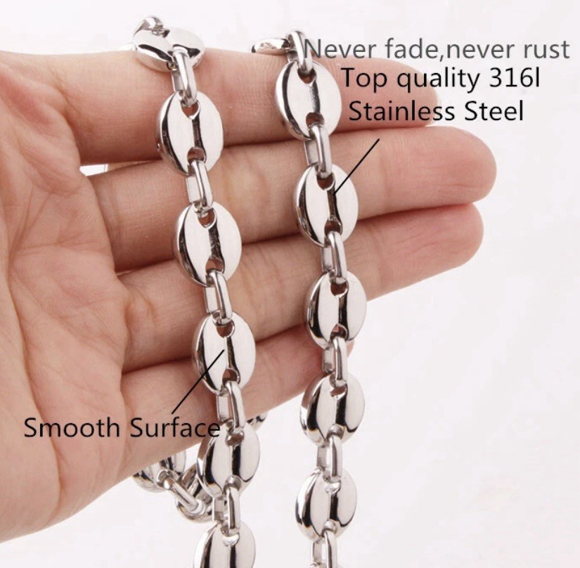 24 In Men 316L Stainless Steel Coffee Beads Bean Chain Necklace Jewelry