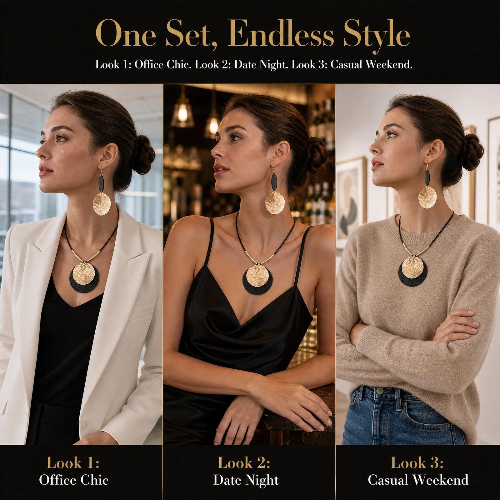 Gold Disc Pendant Necklace Earrings Set Leather Cord Black Circle Statement N…