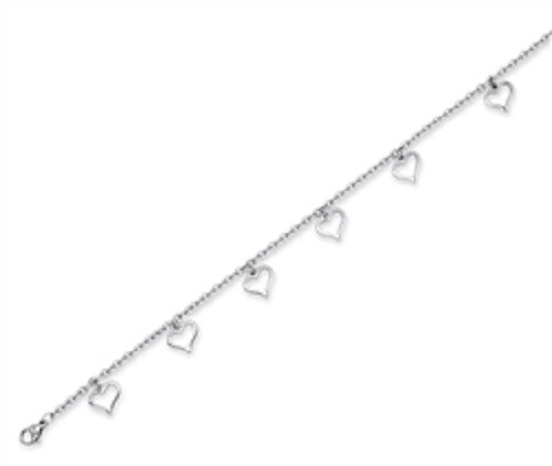 Stainless Steel 9.5 inch Charm Anklet with hearts with 2 in extender