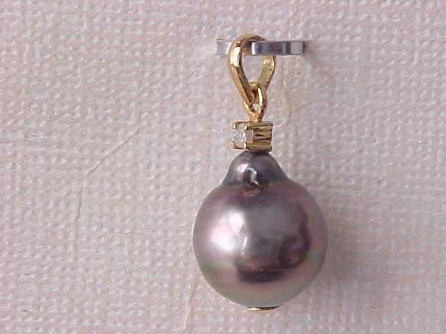 11.5MM X 13.5MM GENUINE TAHITIAN PEARL & DIAMOND PENDANT SOLID 18K YELLOW GOLD