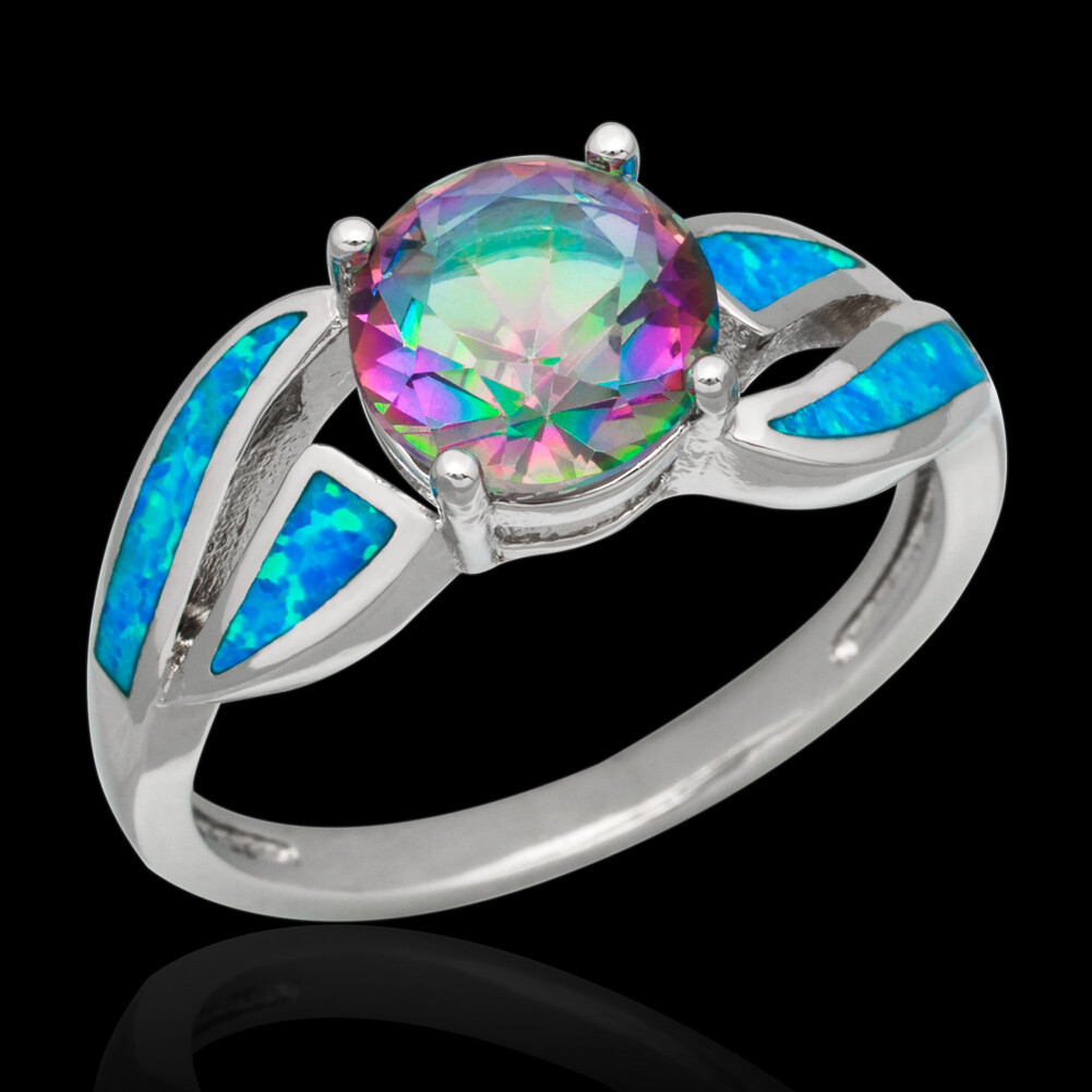 8mm Rainbow Mystic Topaz Blue Fire Opal Silver Jewelry Cocktail Ring Size 7 8 9