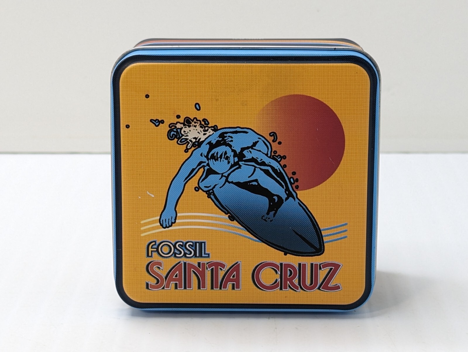 Fossil Empty Metal Watch Tin Box Santa Cruz Surfer 3.5×3.5×2.5″ RARE Ships Free