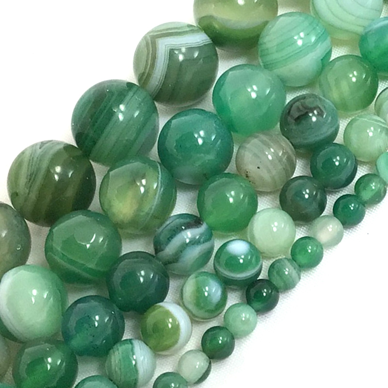 Gemstone Natural Evergreen Green Stripe Agate Round Loose Bead 15 Jewelry Making