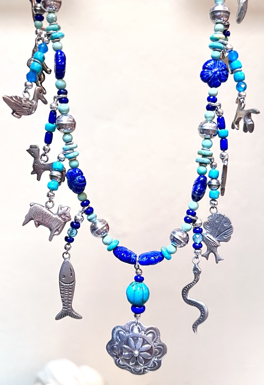 LOVELY Southwest Artisan Sterling Silver Turquoise, Lapis Milagro Charm Necklace