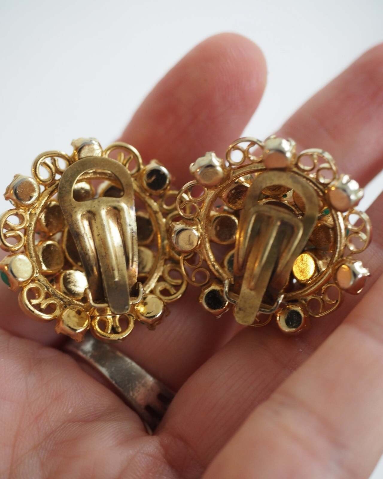Mid-Century Gold-Tone Filigree Green Cabochon Clip-On Earrings