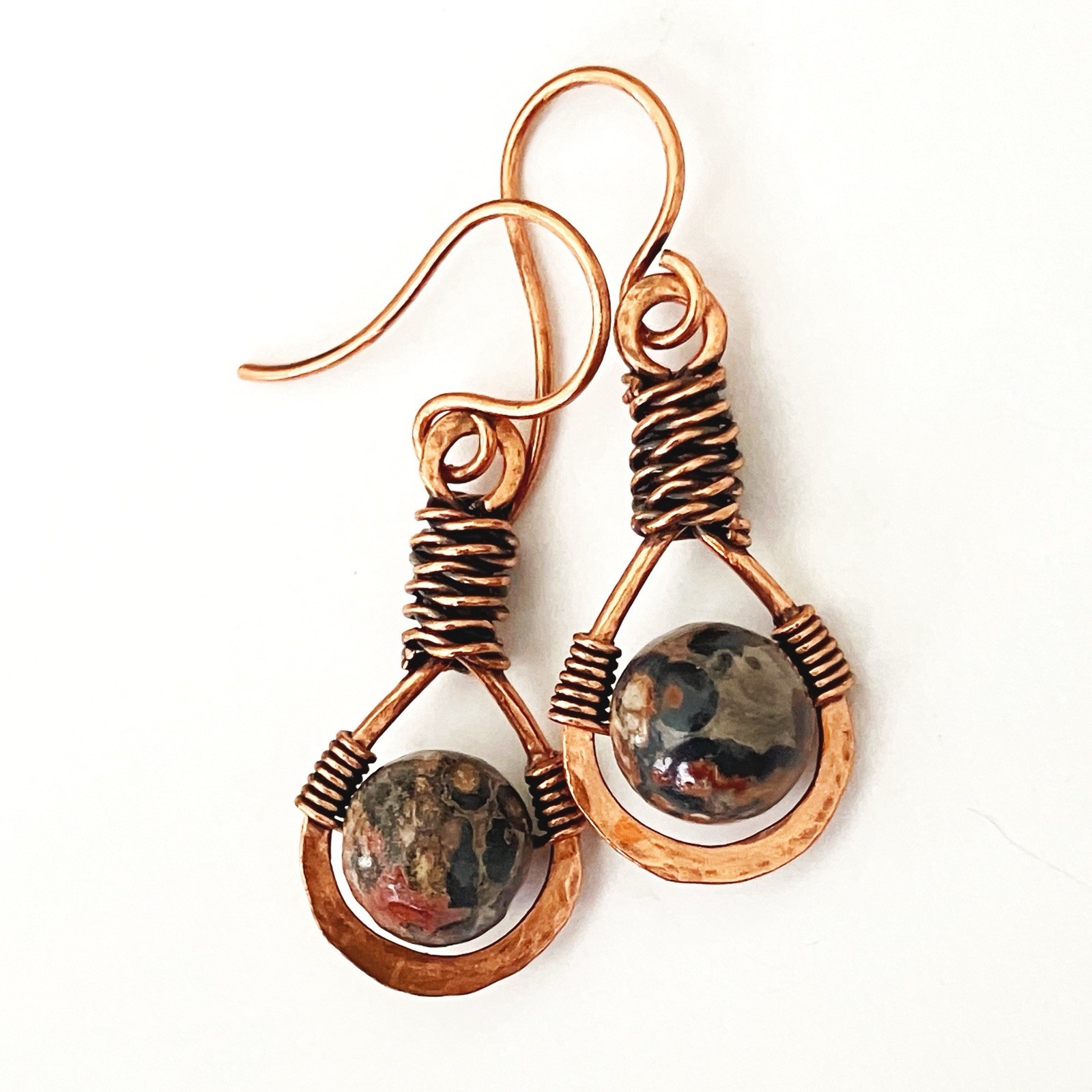Leopard Skin Jasper Dangle Earrings Teardrop Bohemian Wire Wrapped Earthtones