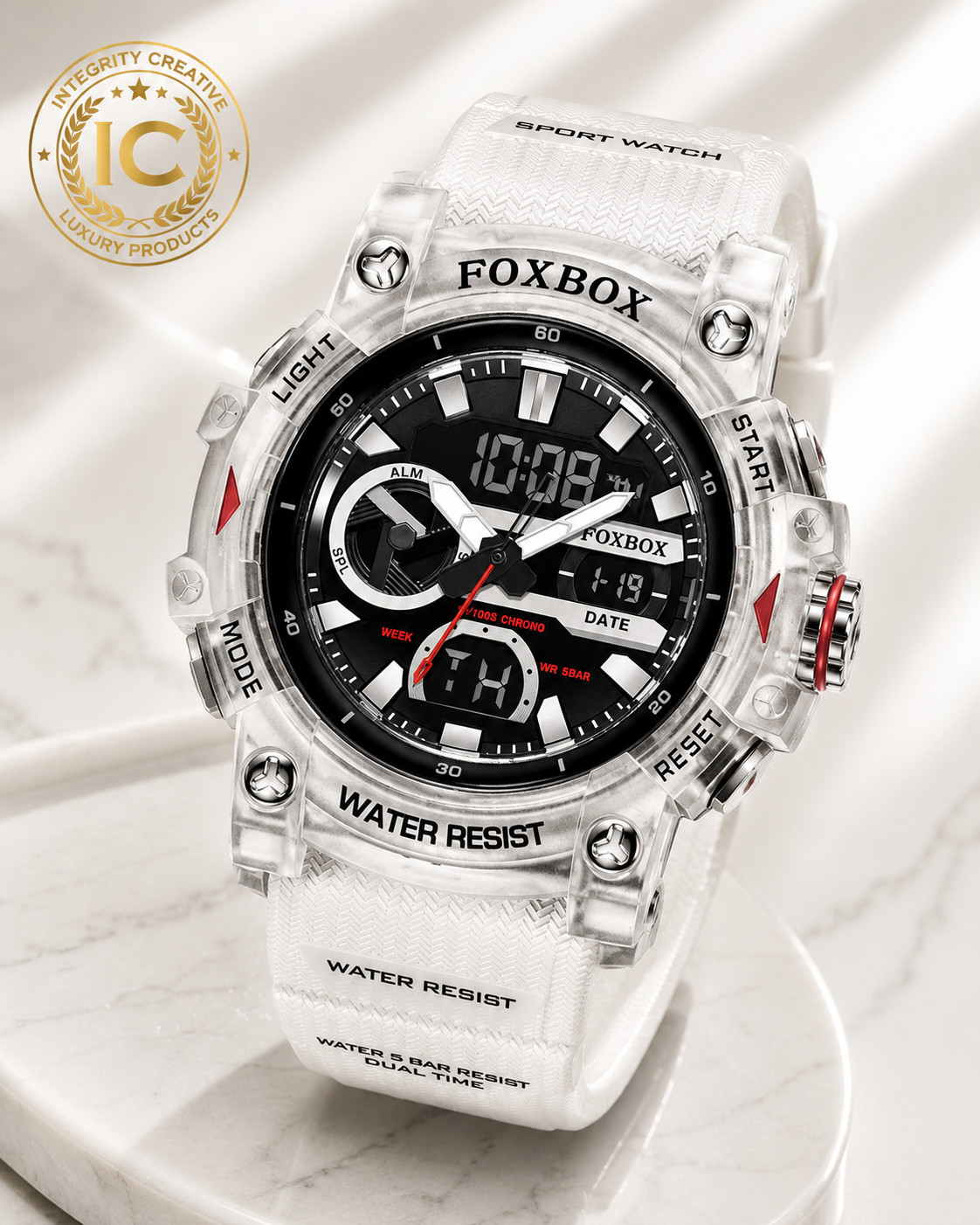 Men’s Watch Big Quartz Digital Analog Luminous Waterproof Watch Black White Dial