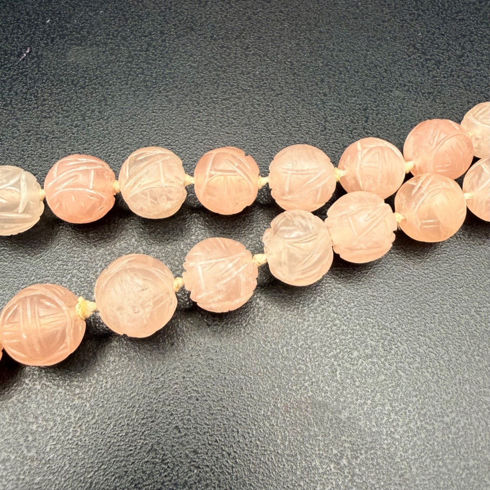 Chinese Export Blush Pink Carved Rose Quartz Necklace Floral Pendant 17 Inches