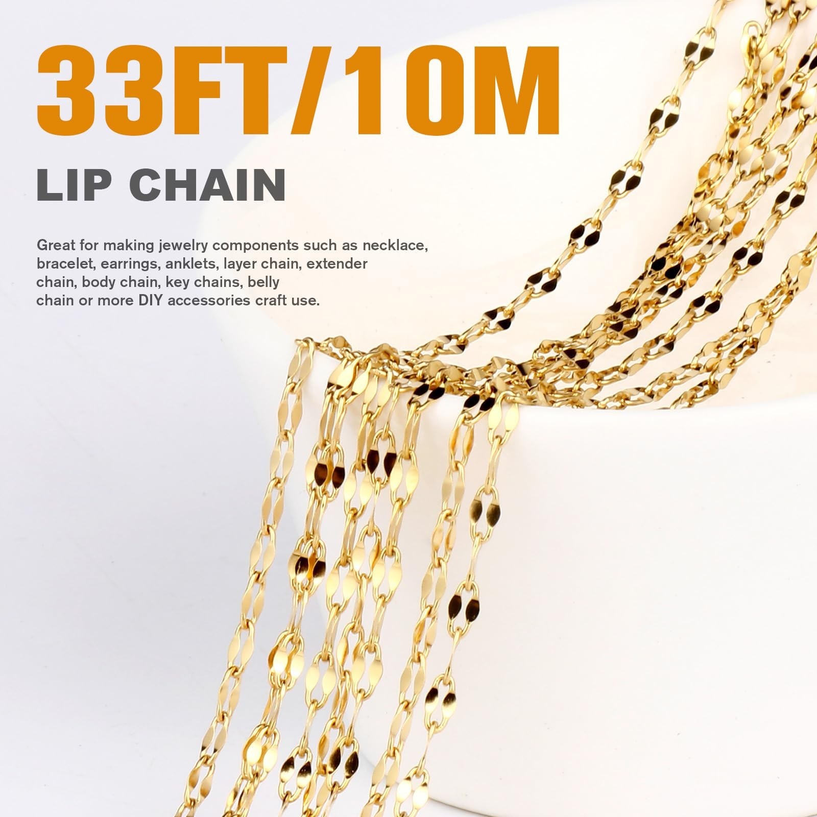 33FT 18K Gold PVD Plated Chains Roll 2mm Stainless Steel Sparkly Lip Link Cha…