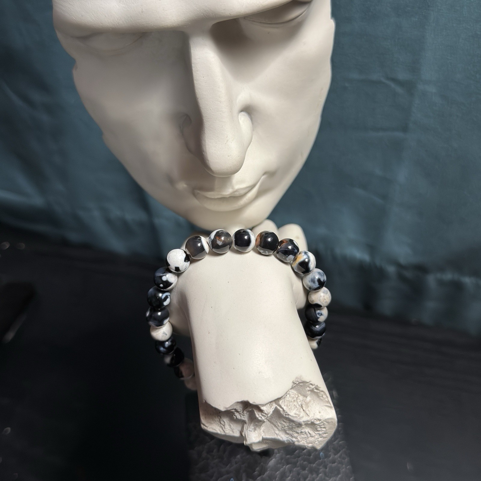 Black Flower Agate Natural Gemstone Bead Bracelet | Smooth Round 8mm