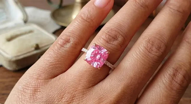 Pink Cushion Cut Moissanite Engagement Ring | Sterling Silver Statement Ring