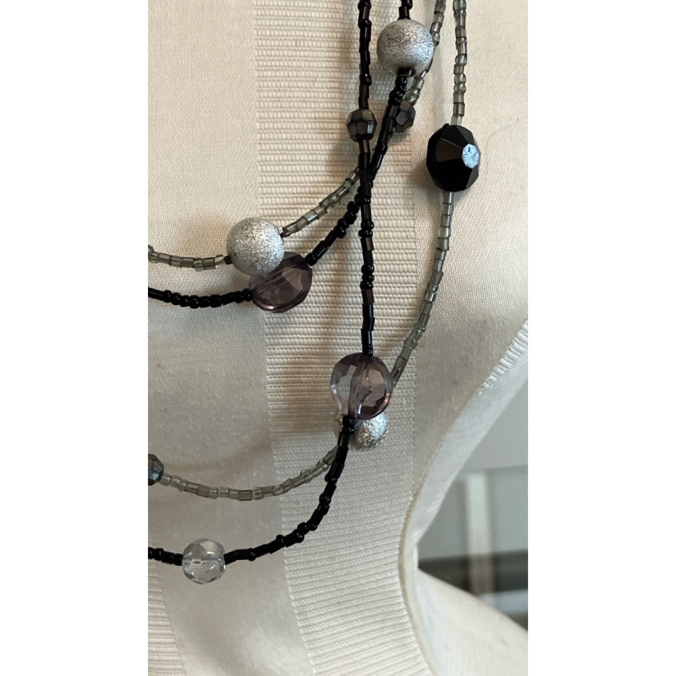 Four Strand Black Silver and Grey Beaded Necklace