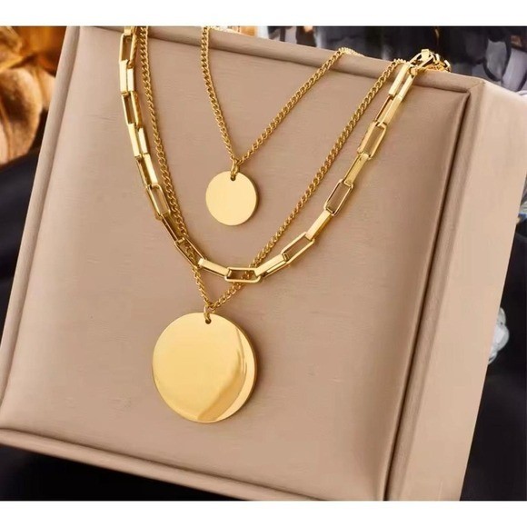 18K Gold Plated Layered Necklace Set Paperclip Chain Coin Disc Pendant Womens