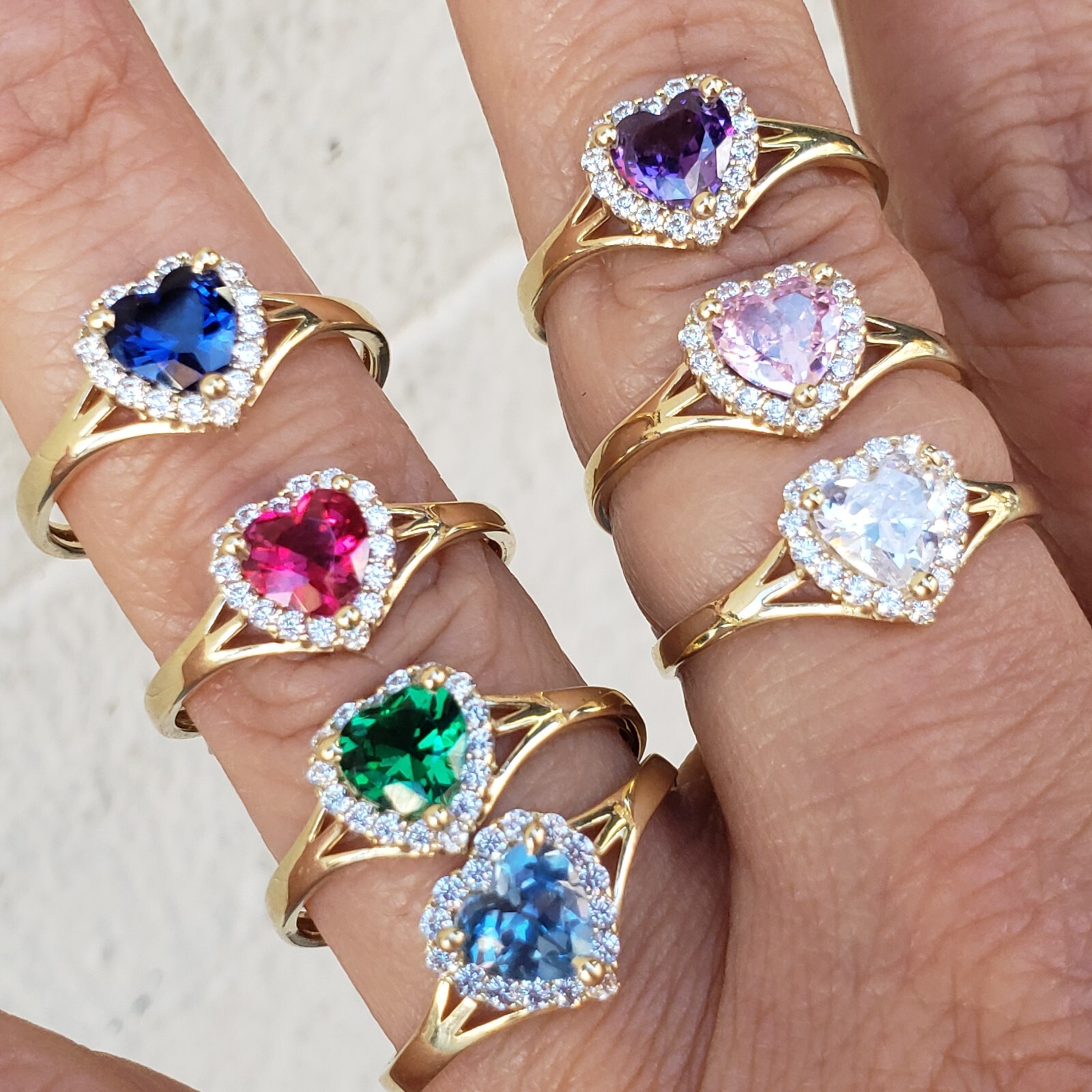 Solid 14k gold Purple Red Pink Blue Green Heart Ring Love Valentine