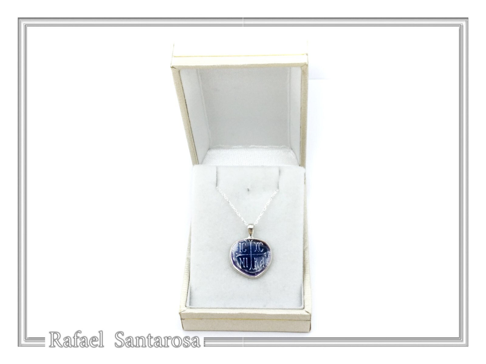 Protection cross coinshape Jesus Christ Wins silver enamel talisman charm