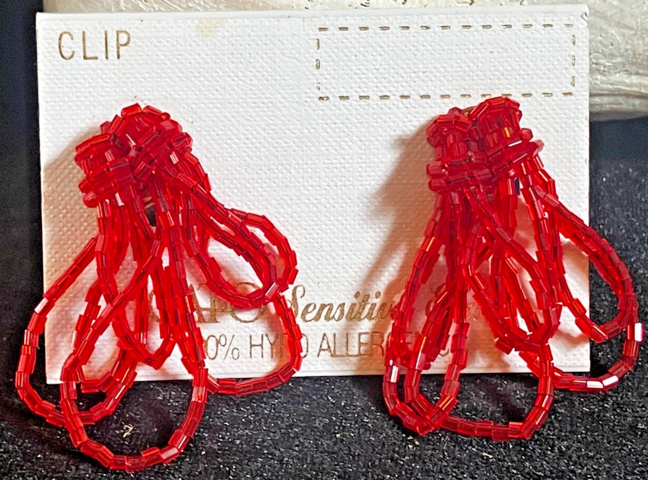 Vintage Handmade red seed beaded sequins clip on Dangle fashion earrings