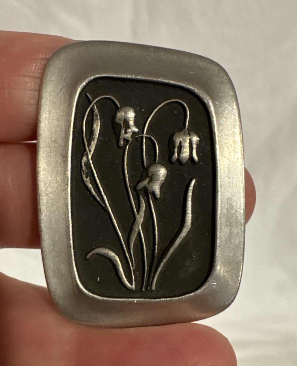 Vintage R. Tennesmed Brooch Sweden Signed Rectangle Wildflowers Pewter Flowers