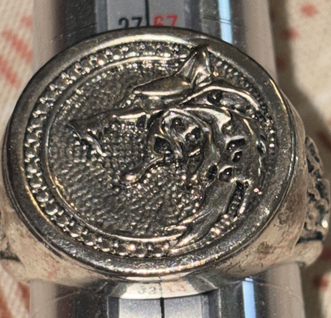 Biker Ring With Wolf Head In Center Silvertone Coloring Size 12 3/4 To 13 ￼