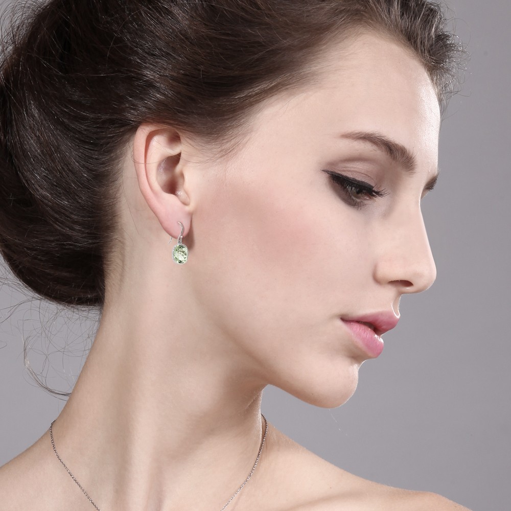 10.00 ctw 925 Silver 11mm Green Prasiolite Cushion Checkerboard Dangle Earrings