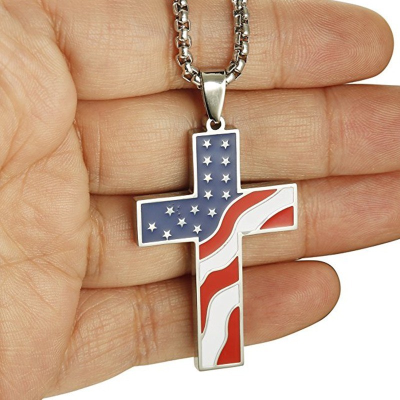Silver Mens American Flag Cross Pendant Necklace Religious Christian Chain 24″