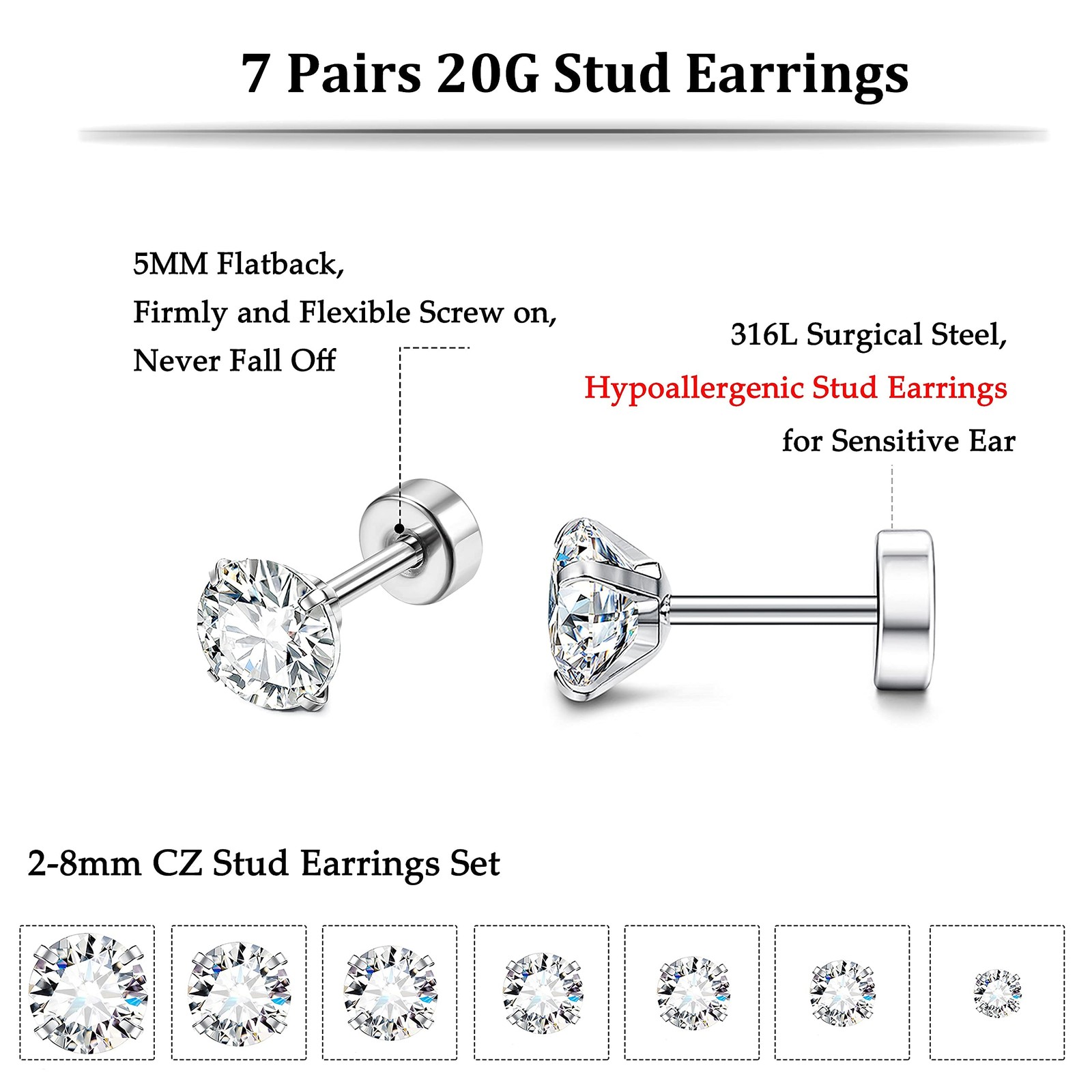 20G Hypoallergenic Flat Back Earrings for Women Men Silver 14K Gold Stainless…