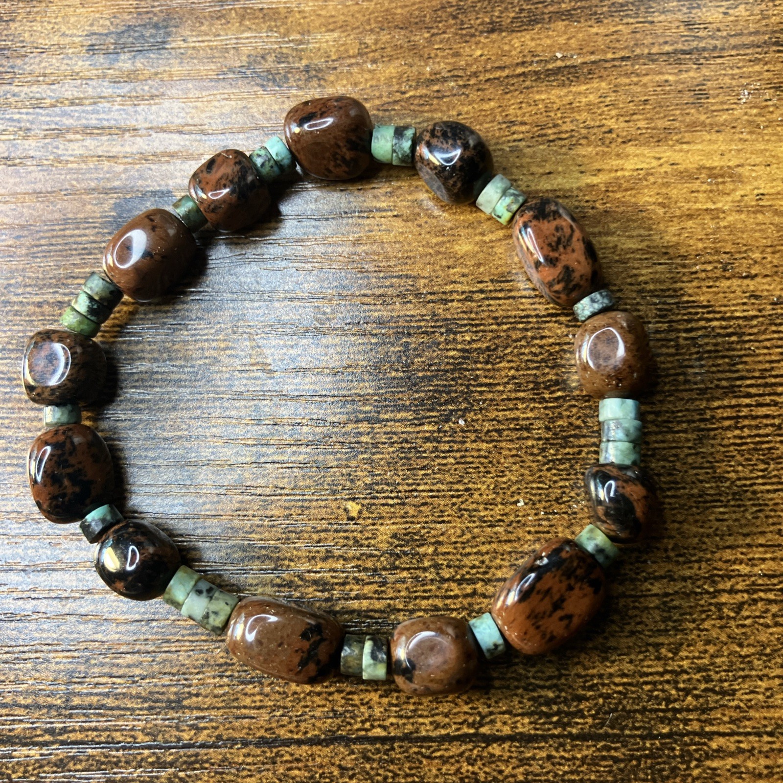 Mahogany Obsidian With African Agate (Turquoise) Bracelet- Nugget Beads