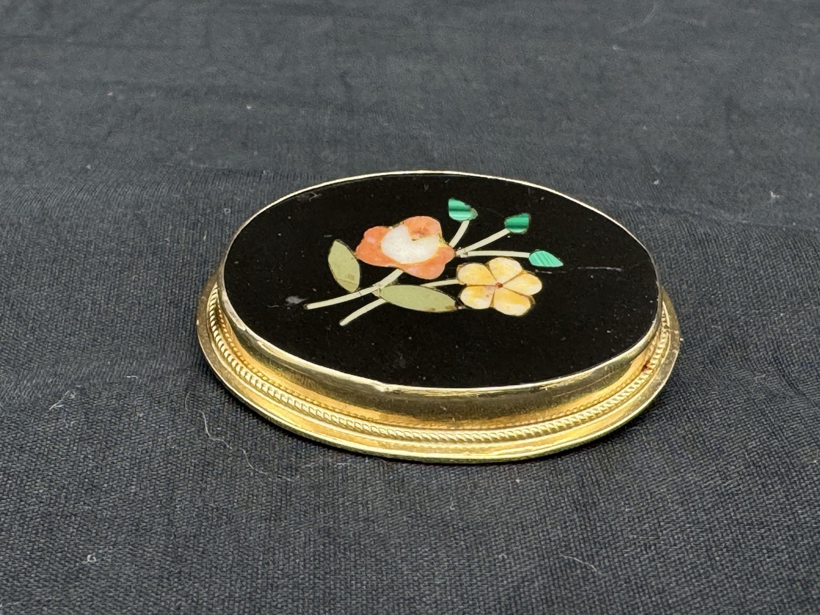 Vintage 14K Gold Pietra Dura Mosaic Multi Stone Floral Brooch Pendant, 7.5 gram