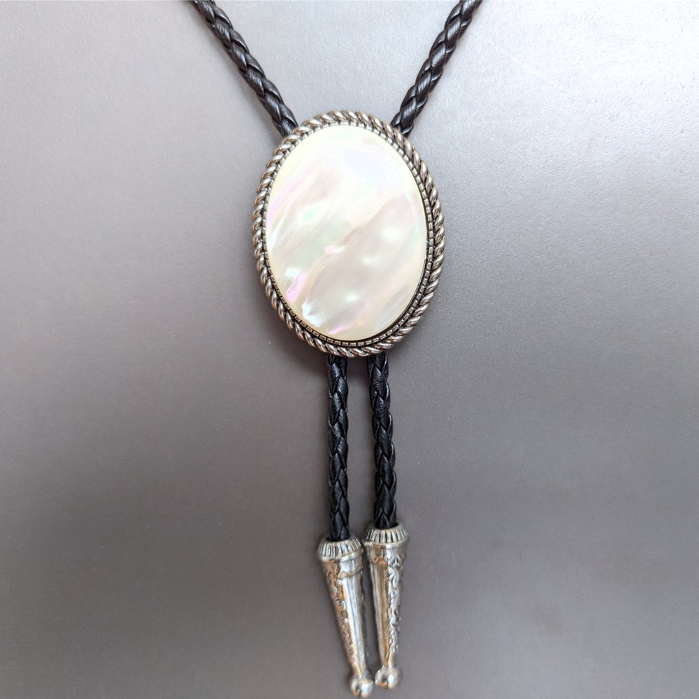 Mother of Pearl Mens Bola Bolo Tie Wedding Necklace Western Cowboy PU Leather