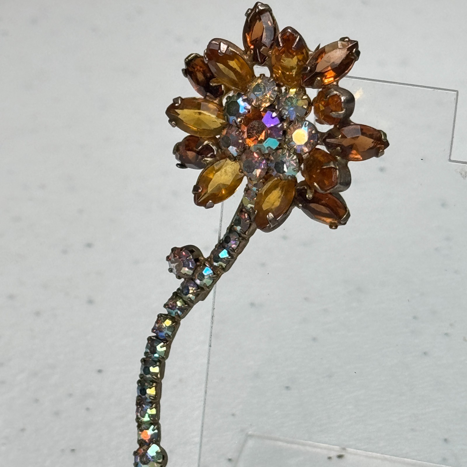 Vintage Brooch Brown Rhinestone Flower AB Stem Daisy MCM 50s 60s