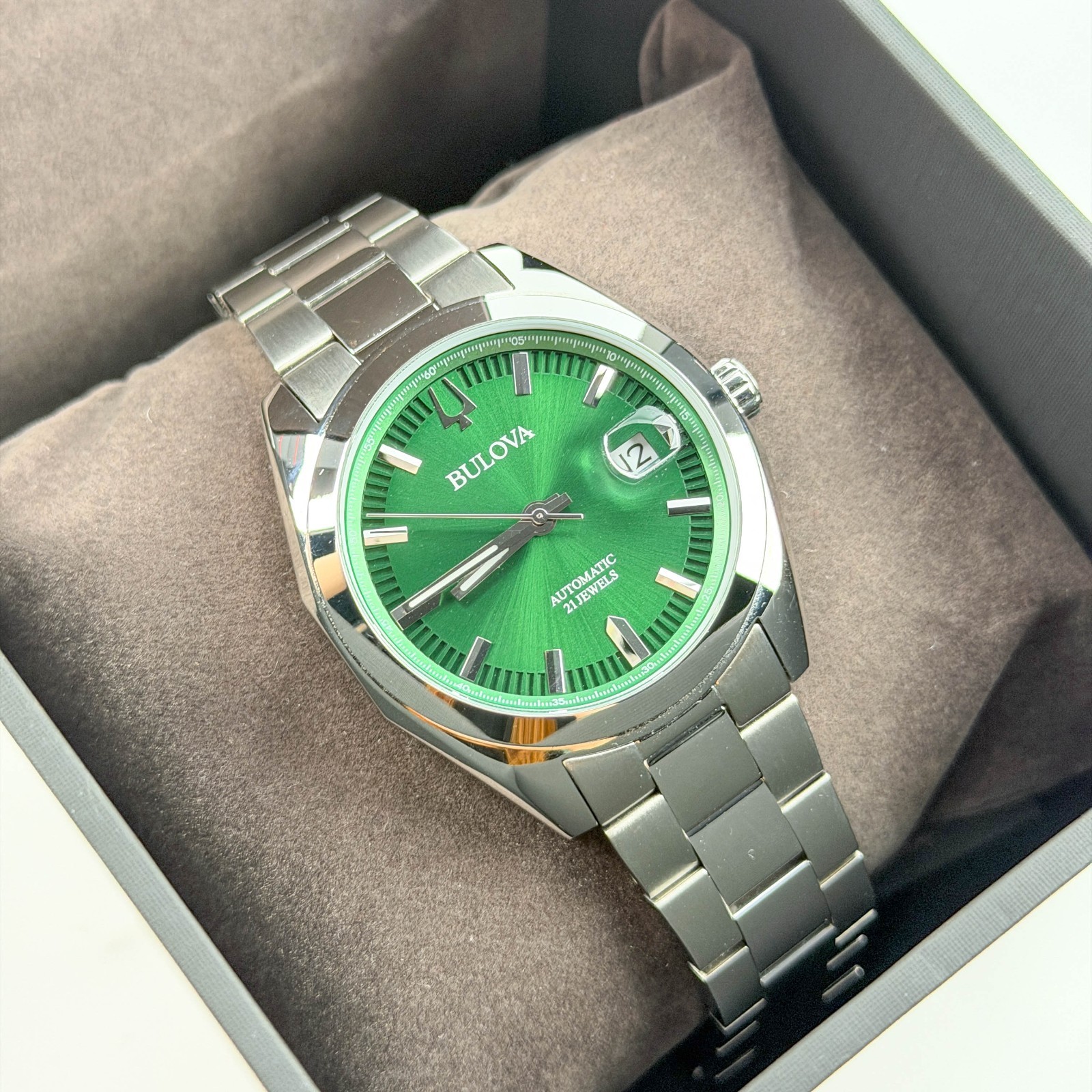 Bulova 96B429 Men’s Surveyor Automatic Green Dial Stainless Steel Watch 38mm New