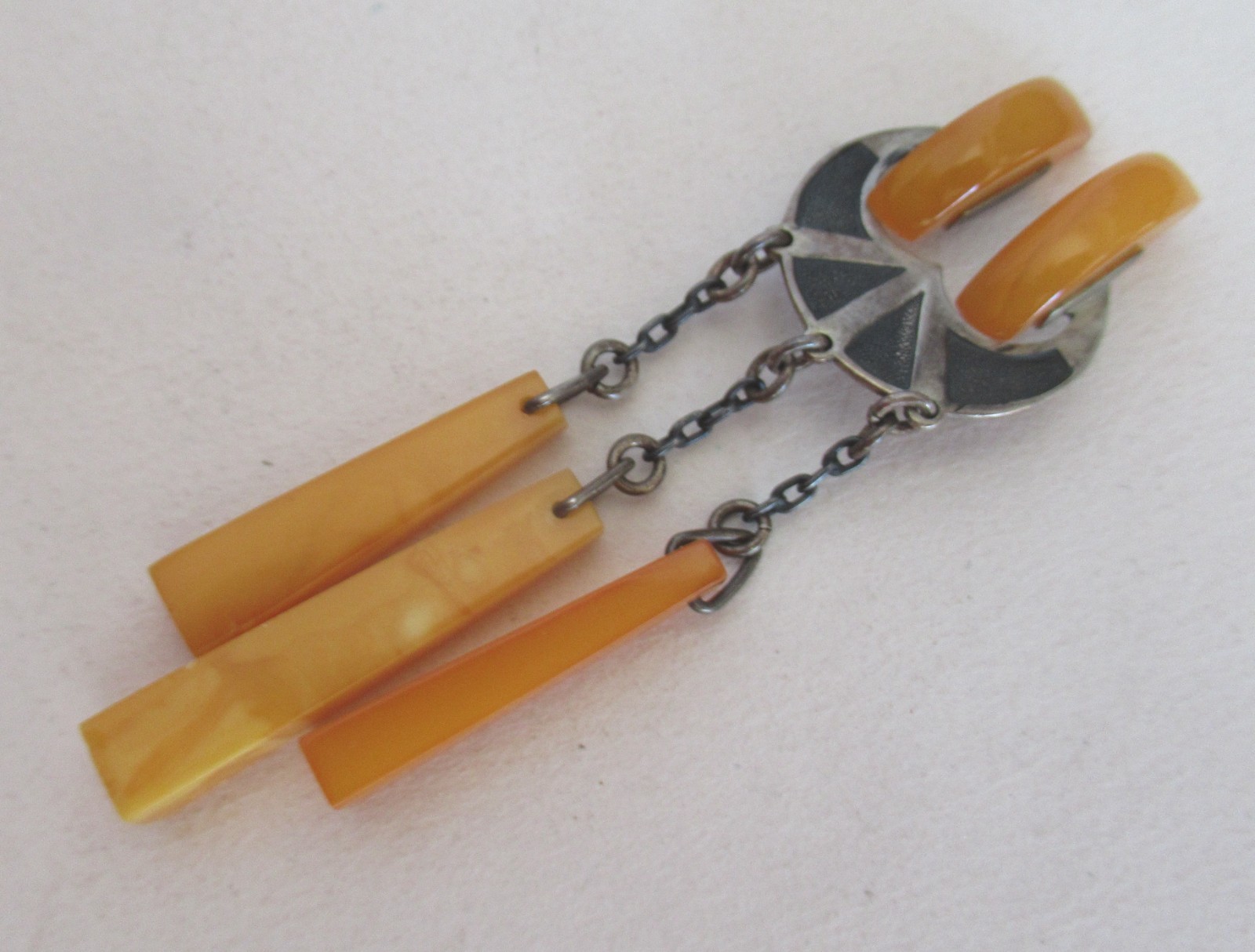 RUSSIA STERLING 875 BROOCH w EGG YOLK AMBER 2 7/8 INCHES