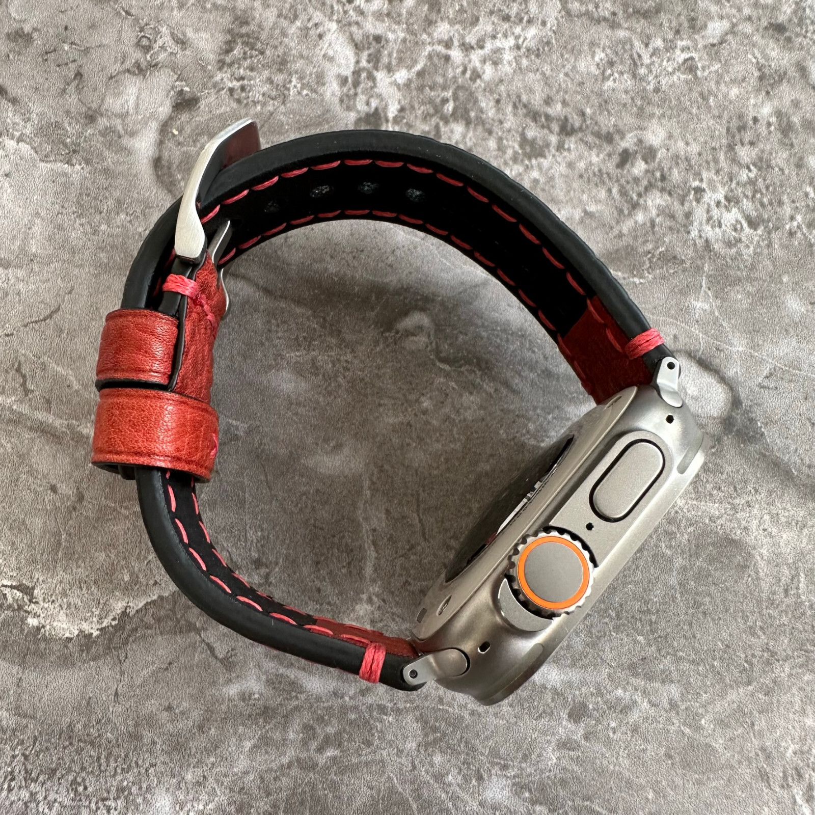 Premium Thick Red Lychee Leather Watch Strap Band For Apple Watch Ultra 1 2 49mm
