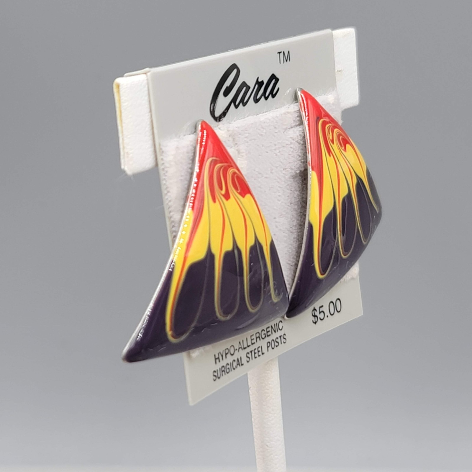 Vintage Black Yellow Red Triangle Enamel Cara Pierced Earrings NOS Prop 1.25″