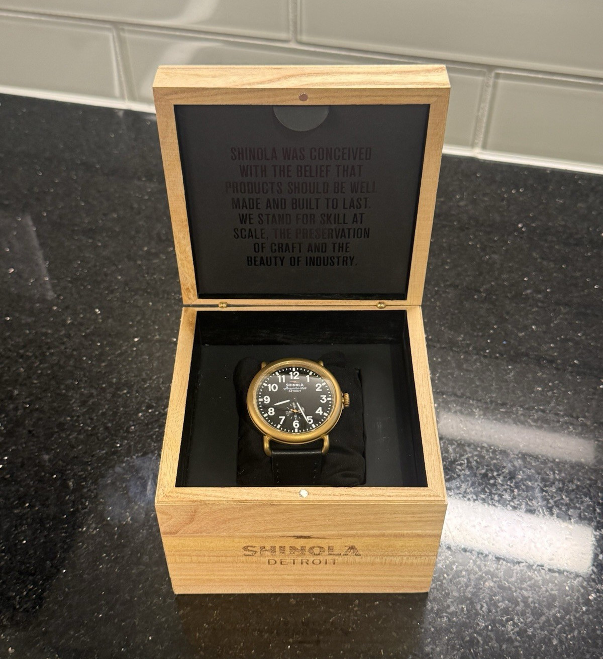 Shinola Runwell Quartz Black Dial Gold Tone Steel Case Black Leather Strap Box