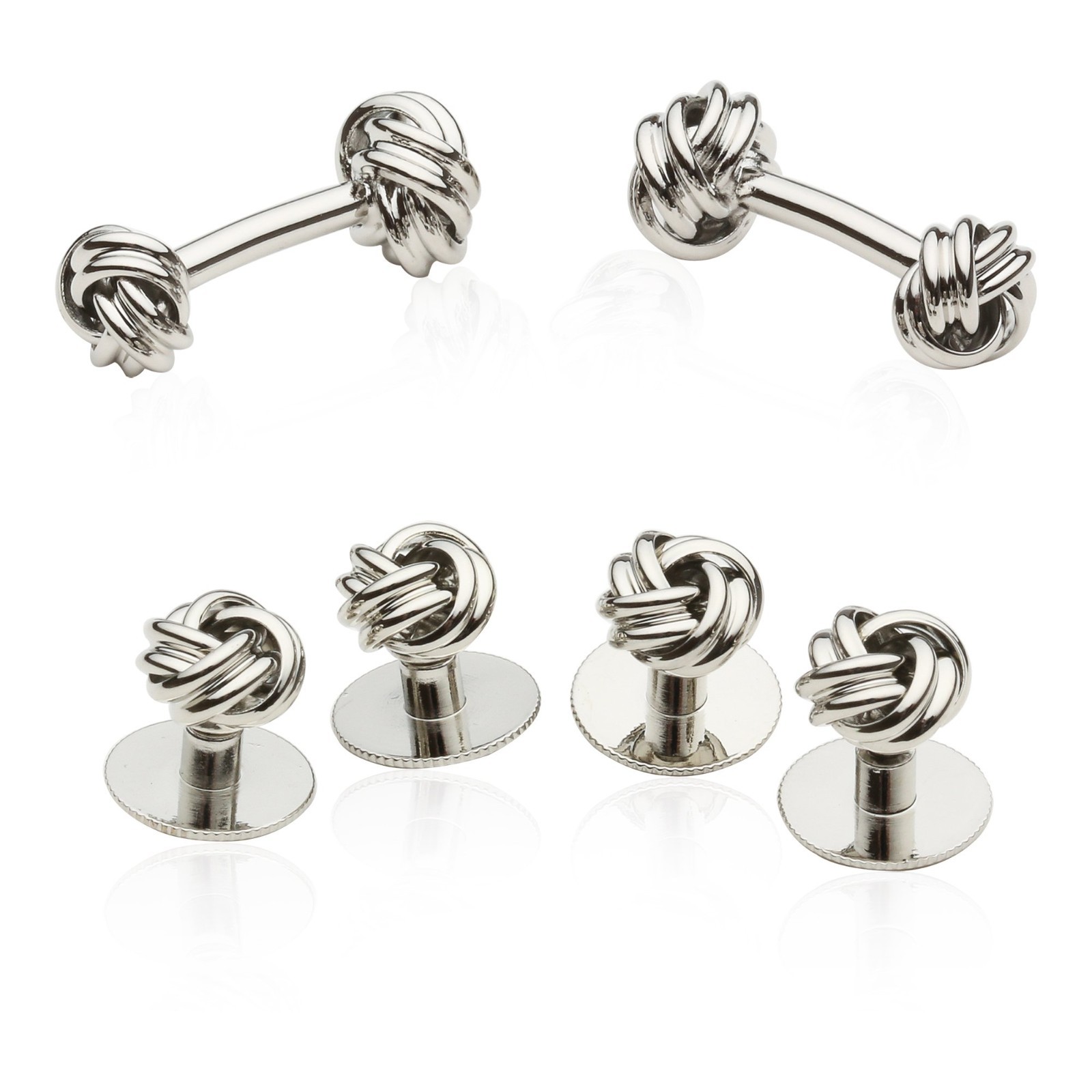 Elegant Silver Knot Cufflinks & Studs Set for Tuxedo, Wedding, Groomsmen Gift Bo