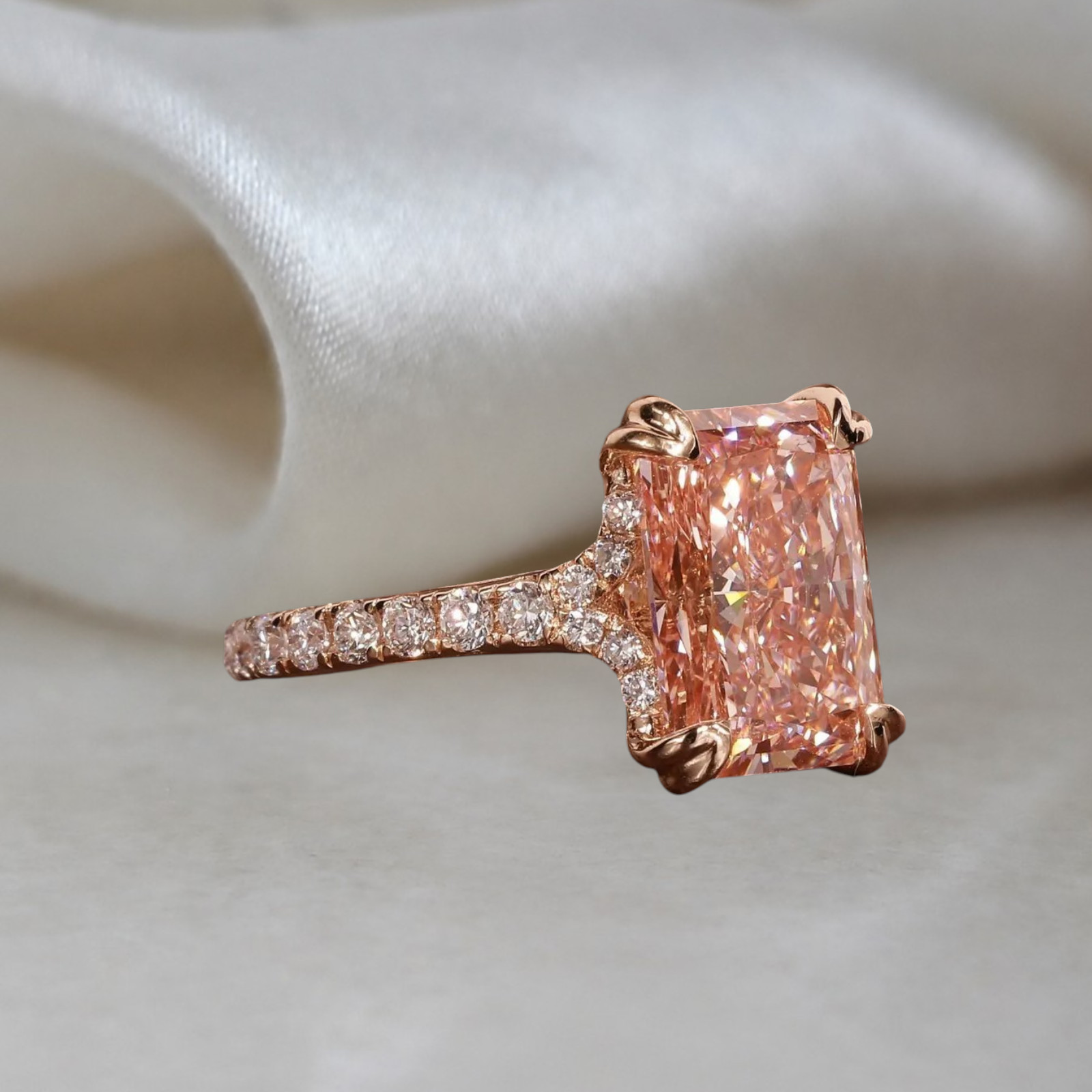 Radiant Cut 4.40 Ct IGI Lab Created Diamond Ring 14k Rose Gold Fancy Vivid Pink