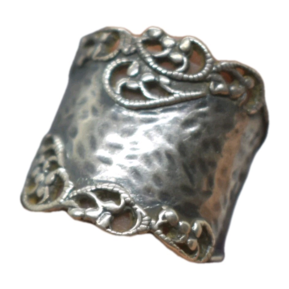 PAZ Creations Sterling Silver Wide Cigar Band Ring Hammered Filigree Israel…