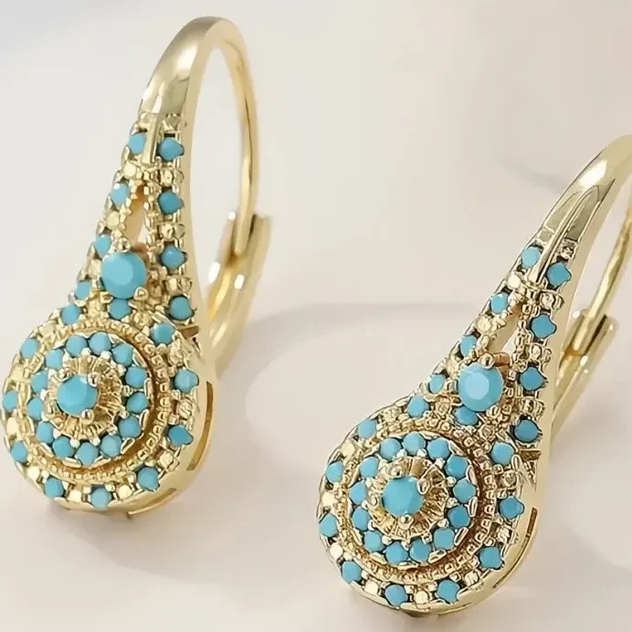 Vintage Style Blue Turquoise Drop Earrings Gold Tone Bohemian Jewelry