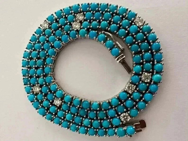 16CT Round Lab Created Turquoise Women’s Tennis Necklace 14K White Gold Finish