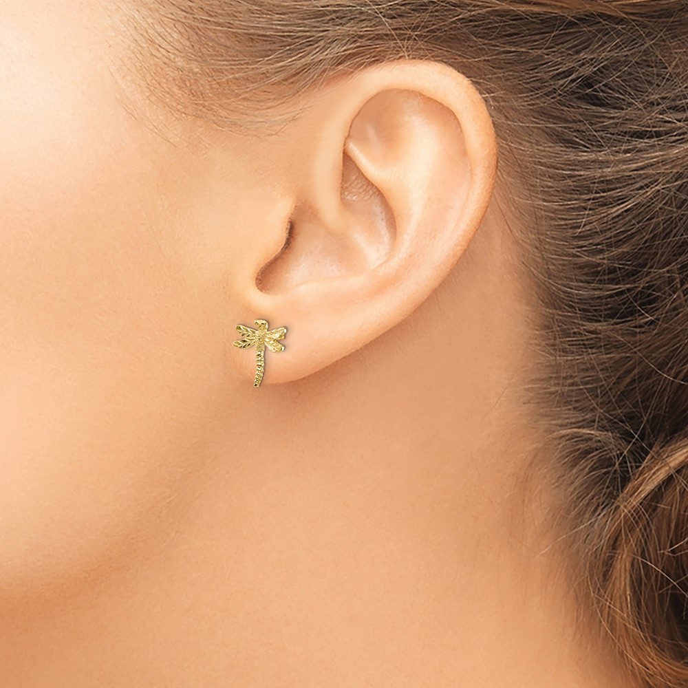 14K Yellow Gold Dragonfly Shape Stud Earrings L 11.65mm, W 10.65mm