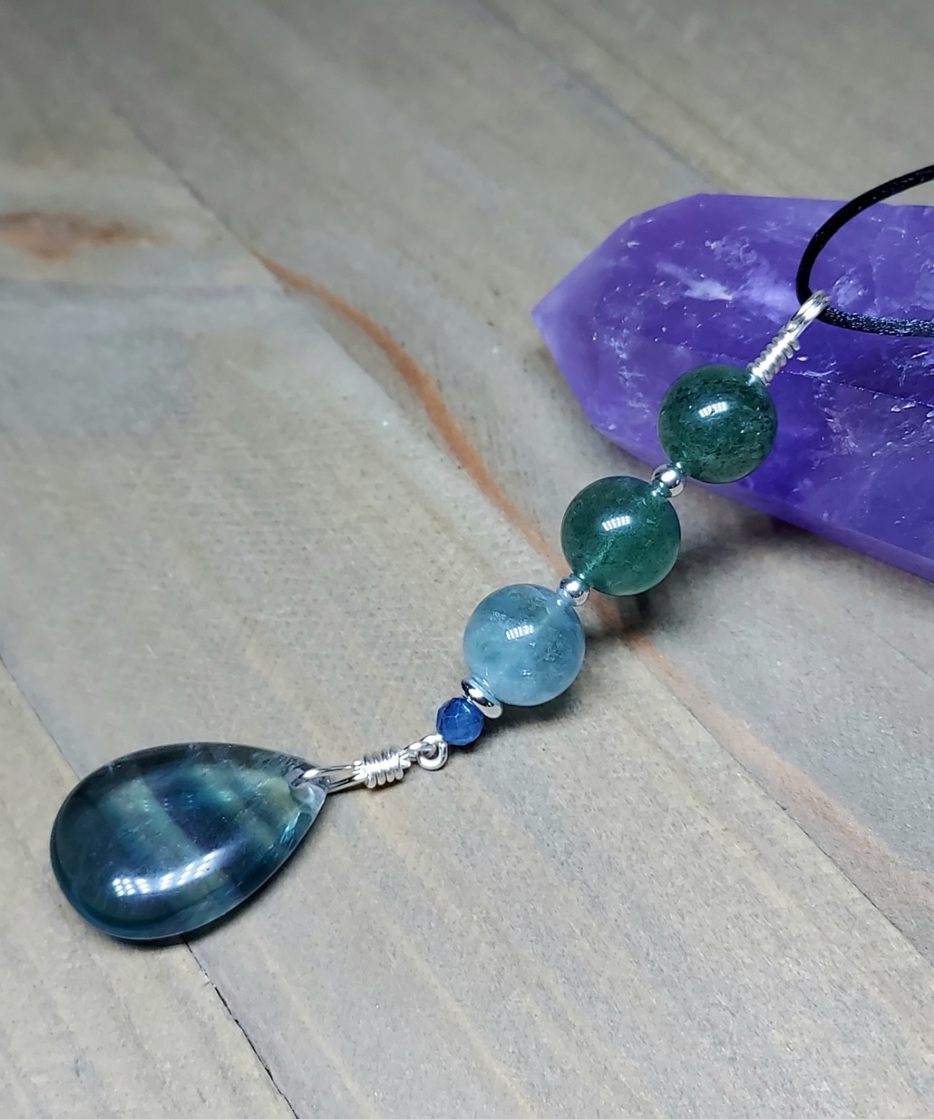 Blue Fluorite Pendant With Green Strawberry Quartz, Colorful Artisan Crafted