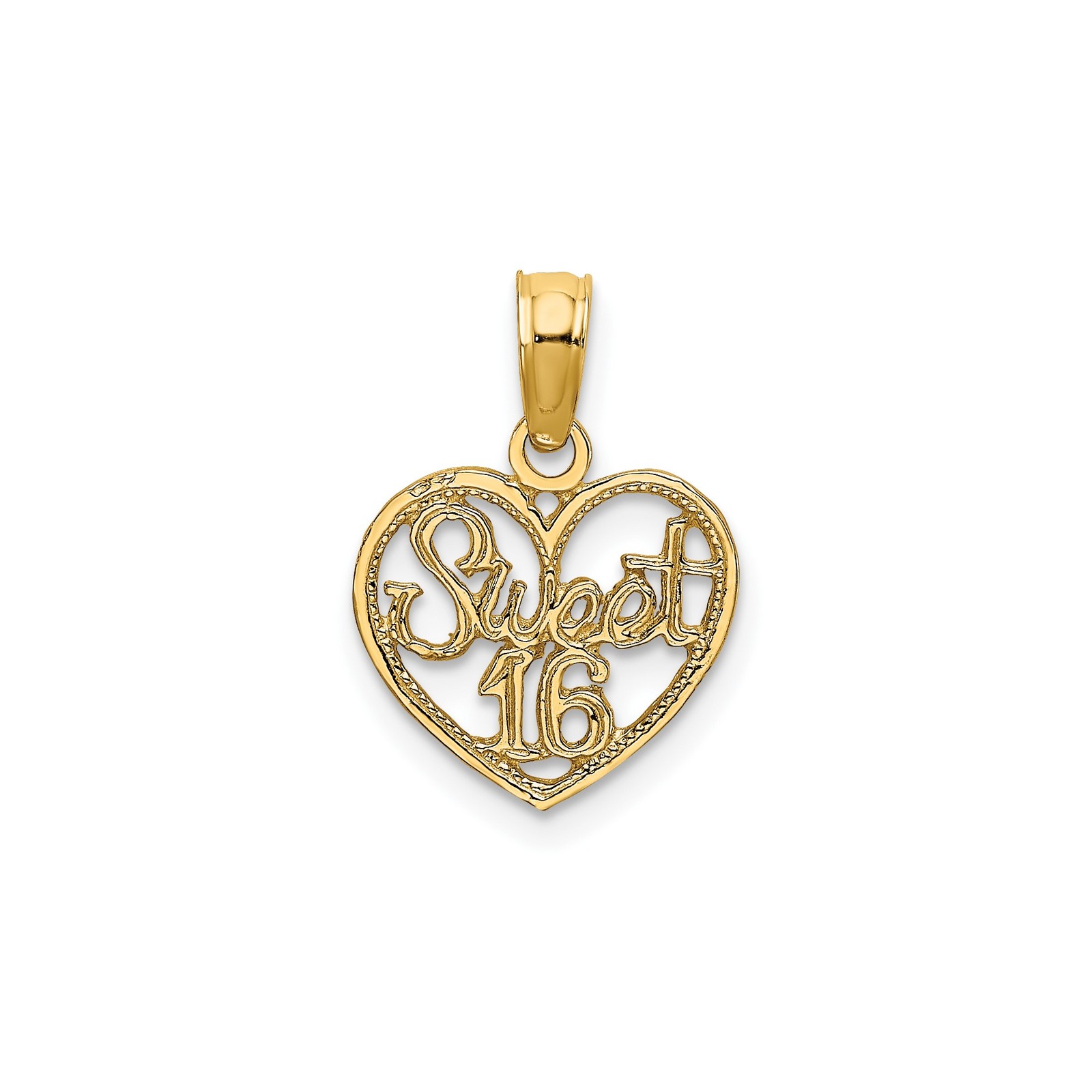 14k Yellow Gold Solid Sweet 16 Heart Birthday Pendant Charm 13.55mm