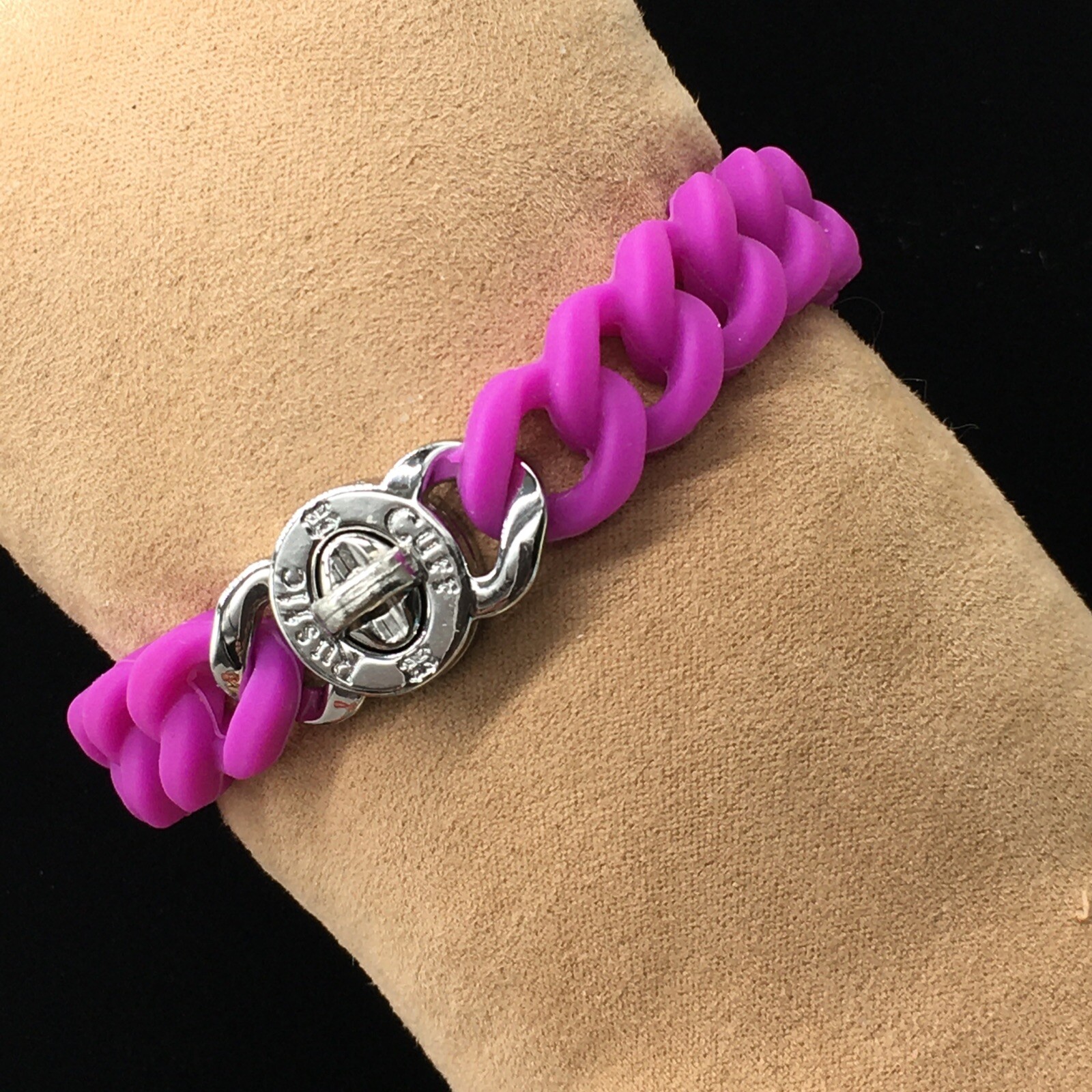 Rustic Cuff Silver Tone Turn Lock Fuchsia Silicone Stretch Mock Chain Bracelet