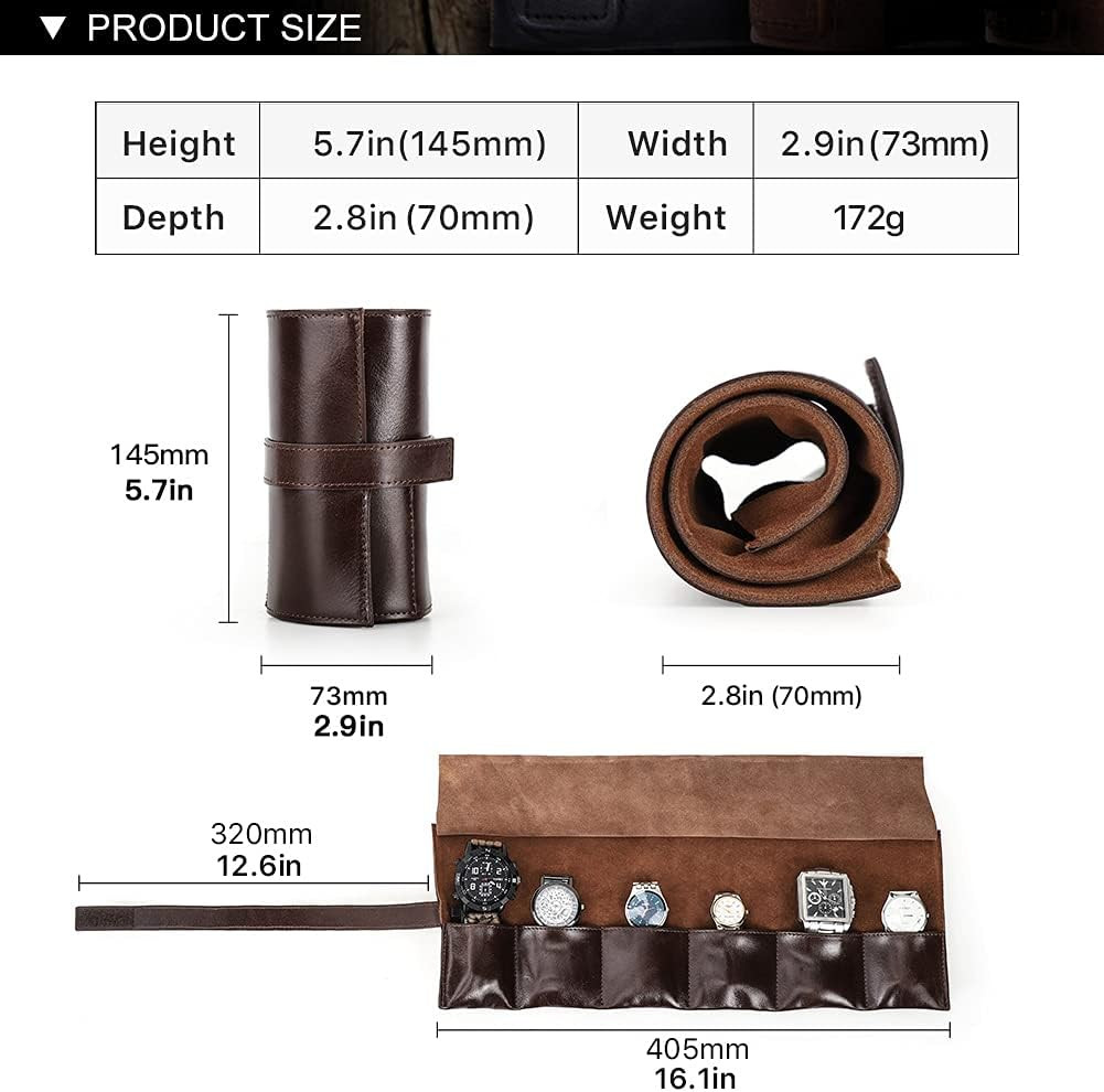 Genuine Leather Travel Watch Case Roll Organizer Classic, Leather 6-Watches Roll