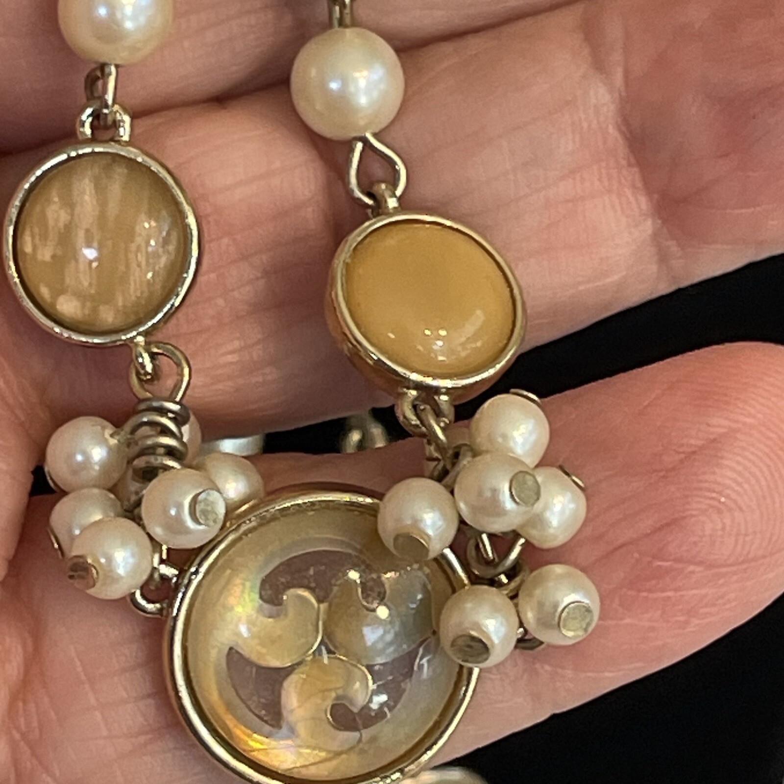 Demi Parure Pearl Amber Asian Resin Circle Necklace Moon Glow Open Work Set